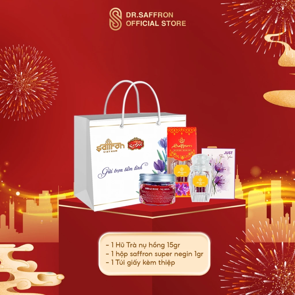 Set quà trung thu Saffron Super negin hộp 1gr + trà nụ hồng (gồm túi giấy đựng + thiệp)