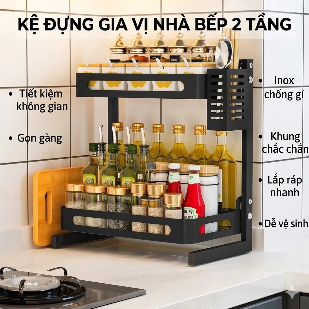 Kệ Gia Vị 2 Tầng Đa Năng Nhà Bếp – Inox Bền Đẹp, Chống Nước Chống Gỉ, Dễ Lắp Đặt, Giúp Sắp Xếp Gọn Gàng Ngăn Nắp
