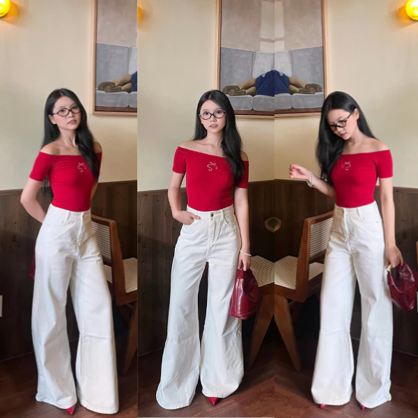 COKI - Quần Jean Nữ Ống Rộng Loe Màu Trắng 33CM - 34CM Lưng Cao Tôn Dáng