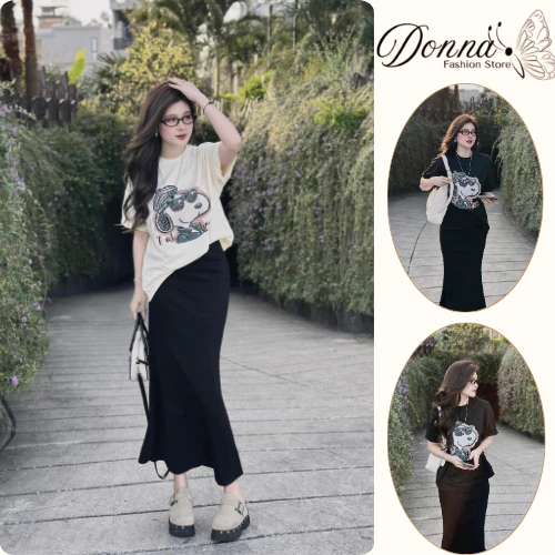 Set đồ nữ Donna HCOM25206, Đồ bộ nữ áo thun cotton mix chân váy suông dài body