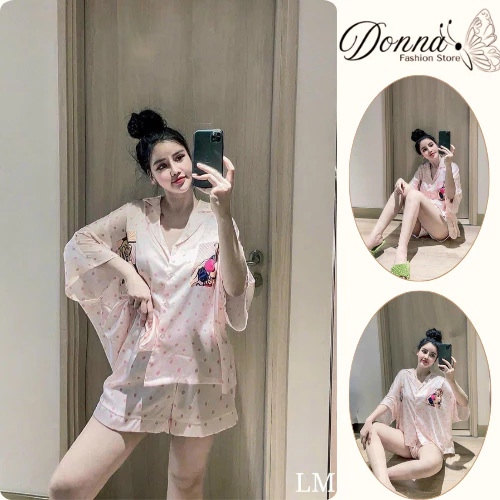 Set đồ nữ Donna HCOM25188, Đồ bộ nữ mặc nhà lụa latin siêu mát mền mại hồng chấm bi đỏ