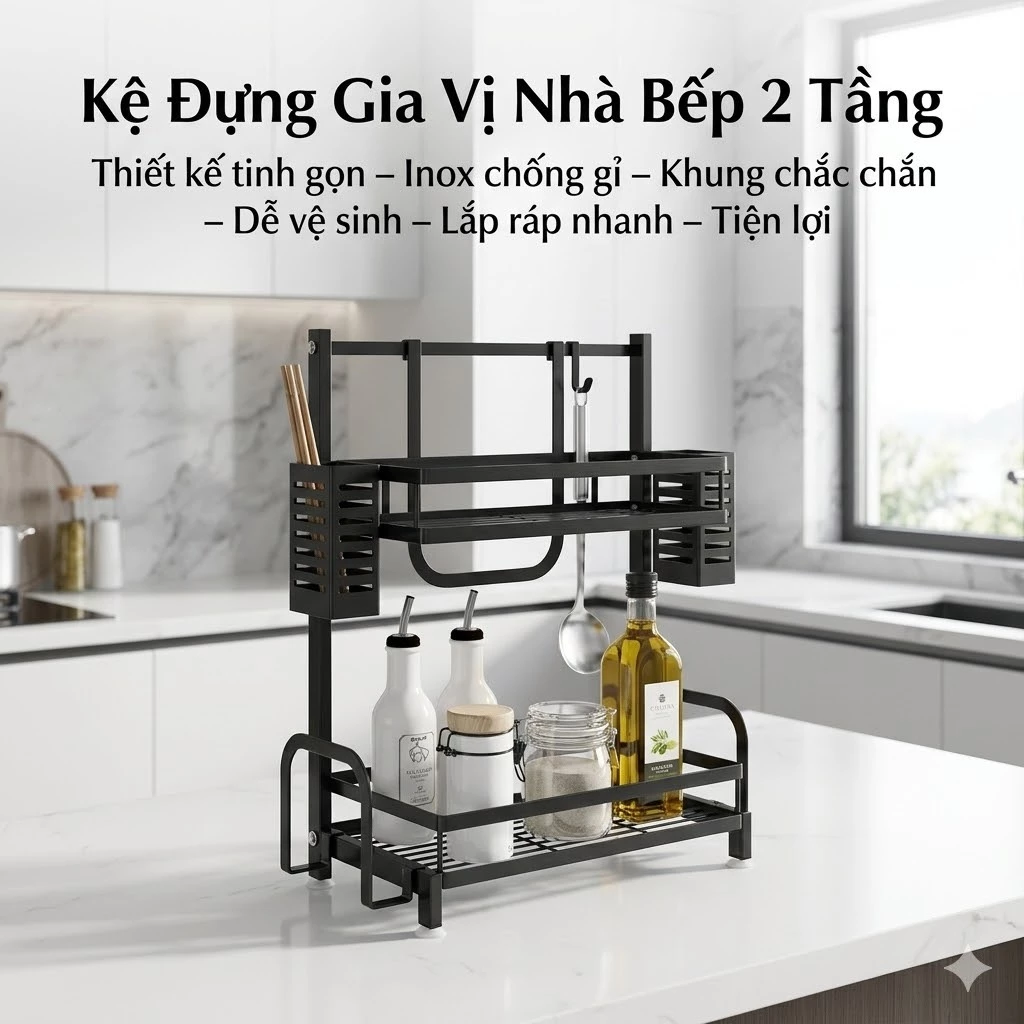 Kệ Đựng Gia Vị 2 Tầng Thông Minh – Thiết Kế Gọn Nhẹ Tinh Tế, Inox Bền Bỉ Không Gỉ, Dễ Vệ Sinh, Giúp Không Gian Bếp Ngăn