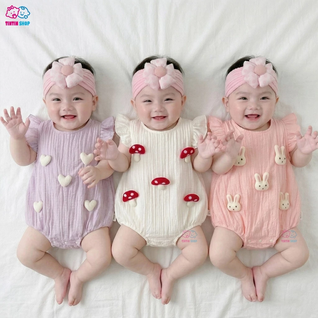Body chip cộc tay cho bé gái vải tơ nhăn thoáng mát Bodysuit ngắn tay Áo liền quần trẻ sơ sinh mùa hè SLH262