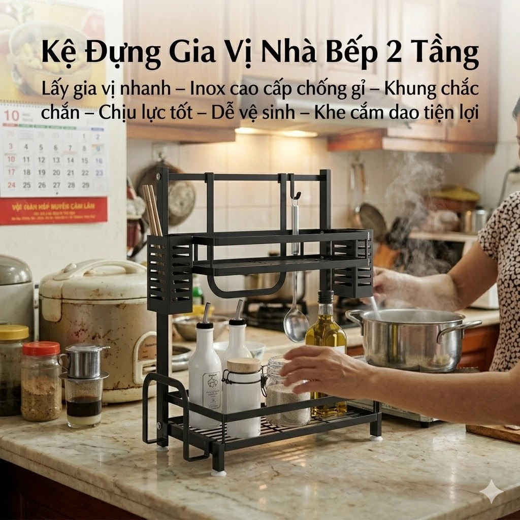 Kệ Đựng Gia Vị Nhà Bếp 2 Tầng Phong Cách Hiện Đại – Inox Cao Cấp Chống Gỉ Sét, Thiết Kế Tối Giản Tinh Tế, Tối Ưu