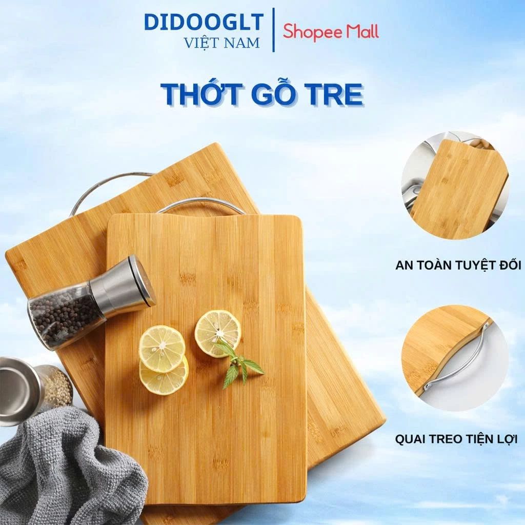 Thớt Gỗ Tre DIDOOGLT 34x24cm – Thớt Nhà Bếp Có Tay Cầm Inox, Kháng Khuẩn, Chống Nấm Mốc