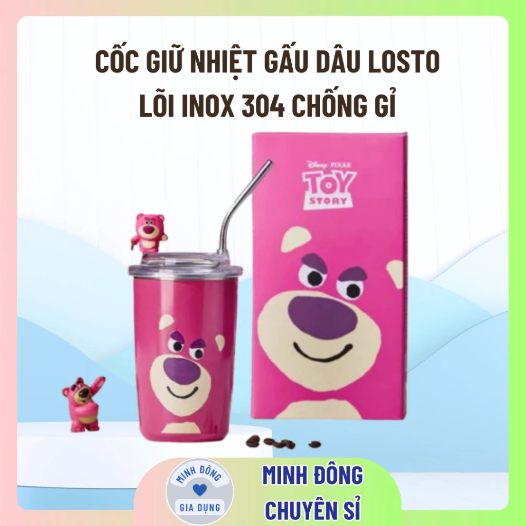 LY CỐC GIỮ NHIỆT HOẠ TIẾT GẤU DÂU LOSTO SIÊU XINH LÕI INOX 304 CHỐNG GỈ 450ML