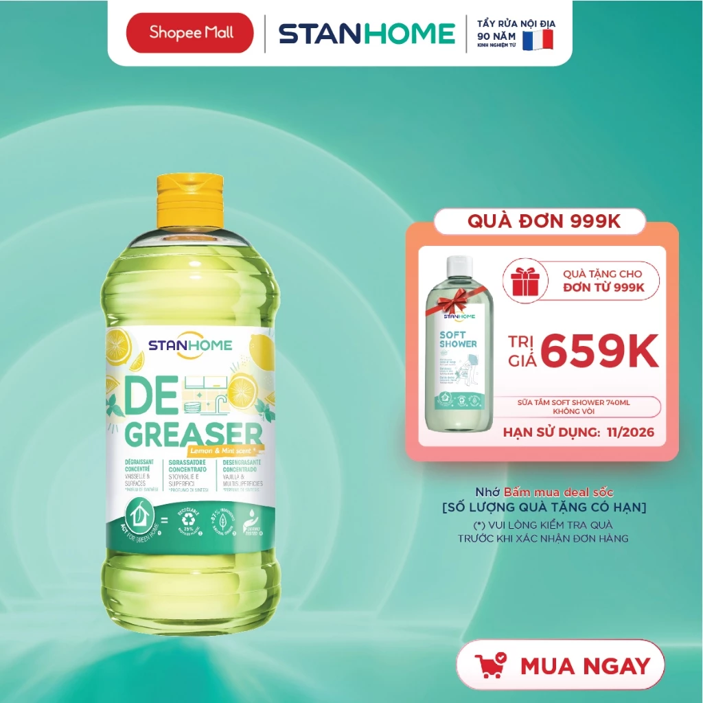 Nước rửa chén và loại bỏ dầu mỡ cho mọi bề mặt nhà bếp hương chanh bạc hà từ tự nhiên Stanhome Degreaser Lemon Min