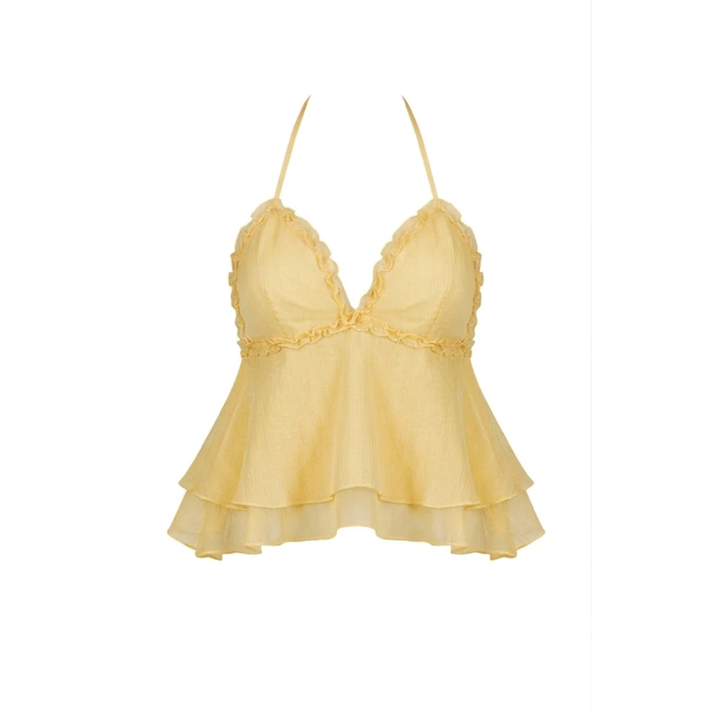[Cami Halter] Áo hai dây buộc cổ yếm hở lưng dáng xoè peplum chất tơ nhăn xịn sexy phong cách mùa hè