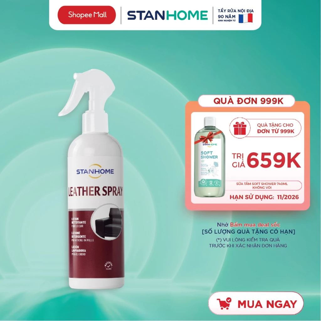 Bình Xịt Vệ Sinh Đồ Da Thật STANHOME Leather Spray Bảo Về Bề Mặt Nội Thất Ô Tô, Ghế Da 350ML
