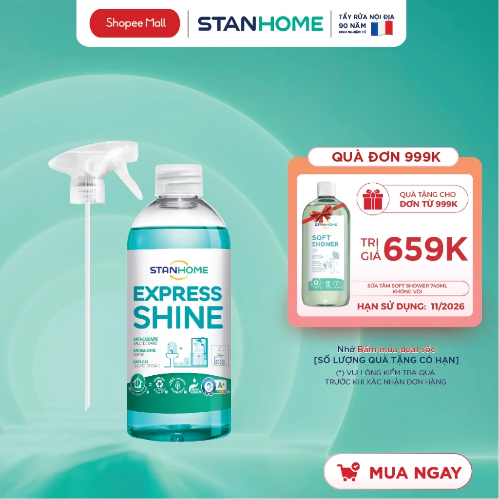 Xịt tẩy cặn canxi nước cứng cho nhà tắm Stanhome Express Shine  an toàn ko trầy xước 500ml