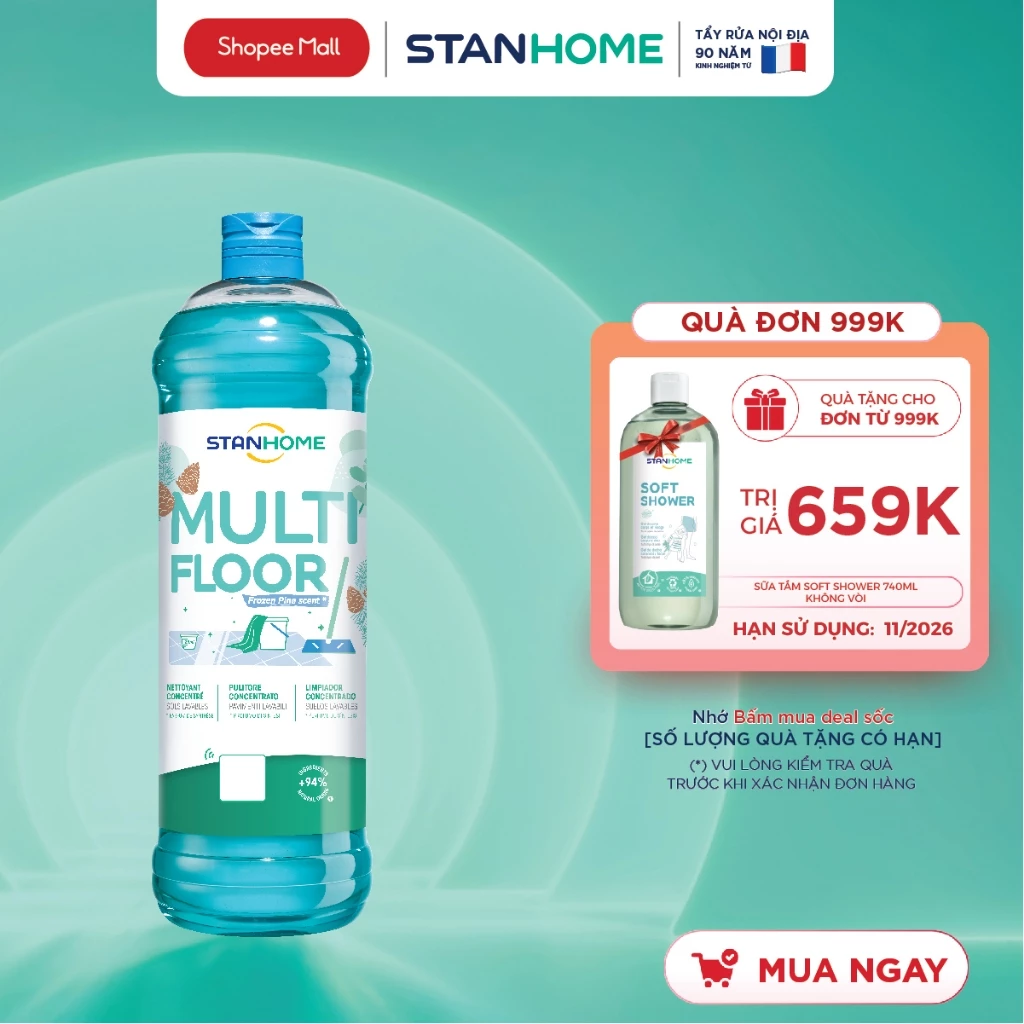 Nước lau sàn đậm đặc Stanhome Multi Floor Frozen Pine an toàn cho da nhạy cảm hương tuyết tùng 1000ml