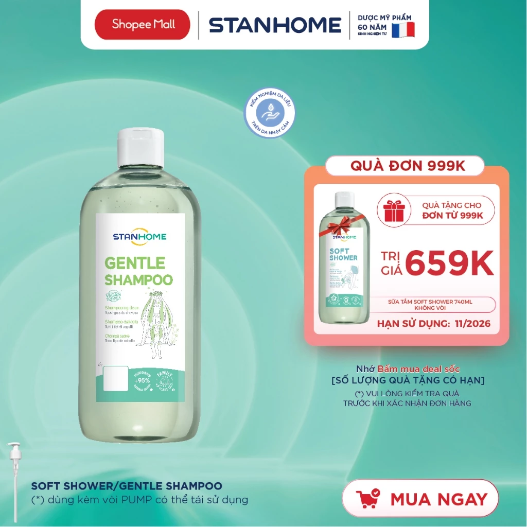 Dầu gội giảm ngứa, giảm kích ứng không xà phòng cho da đầu nhạy cảm Stanhome Gentle Shampoo 740ml