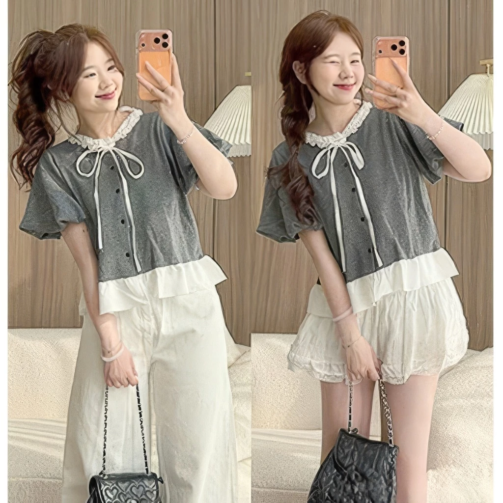 Áo kiểu nữ babydoll cổ bèo nơ buộc tay bồng cúc dọc form xinh dễ thương phong cách Hàn ulzzang tiểu thư hot trend