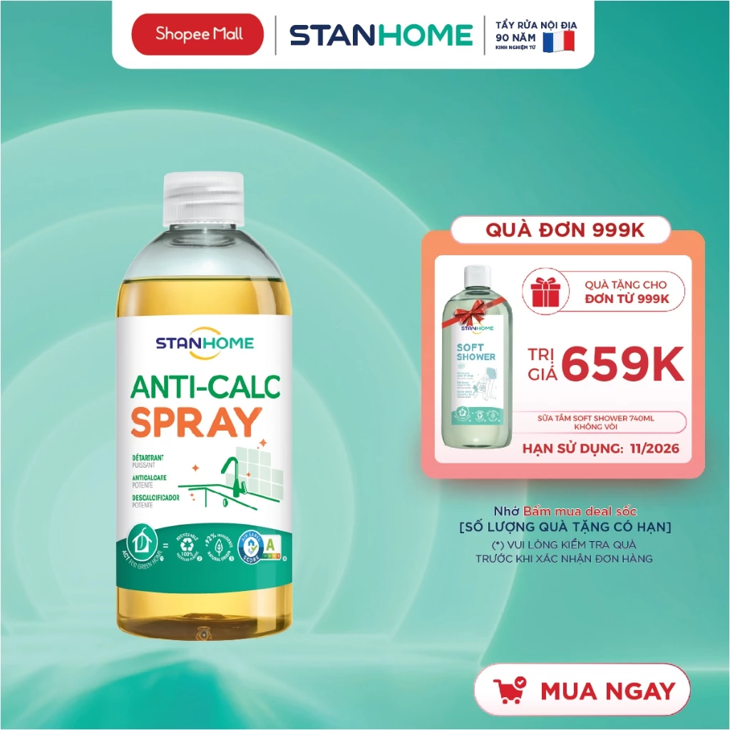 Tẩy cặn canxi nhà tắm bình nước trên kính ô tô vòi sen bình đun nước Stanhome Anti Calc 500ml