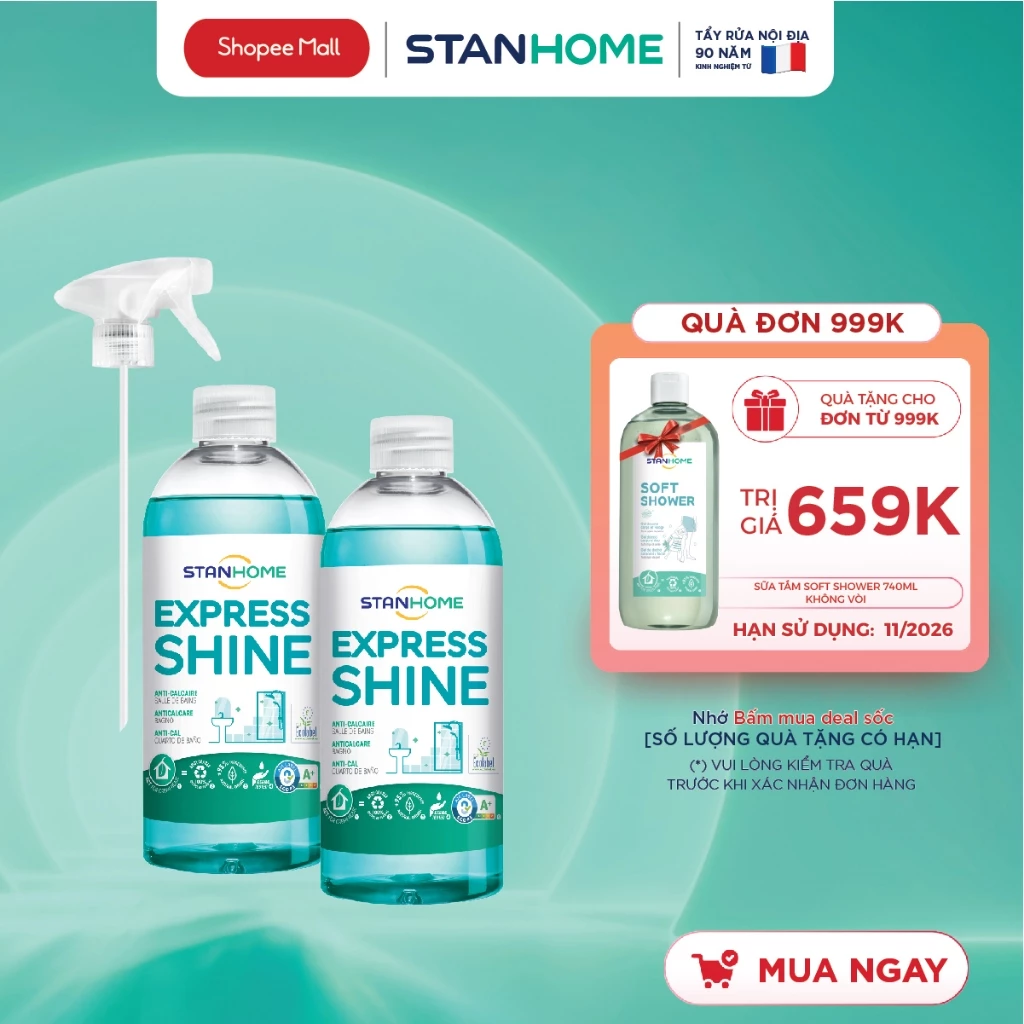 Combo xịt tẩy cặn canxi nước cứng cho nhà tắm Stanhome Express Shine 500ml/chai