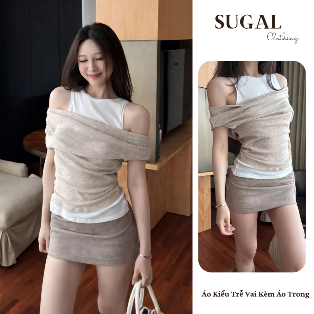 SUGAL - Áo Kiểu Nữ Trễ Vai Phối Kèm Áo Trong Sát Nách - Chất Vải Thun Cao Cấp Phù Hợp Mùa Hè | TOP NU 291