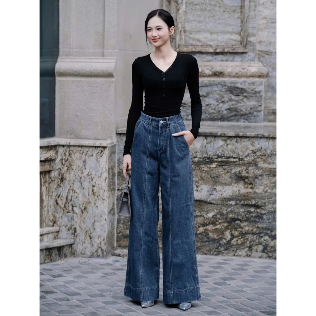 Quần nữ ống rộng chất jean mềm không co giãn lưng cao phối gân gấu to