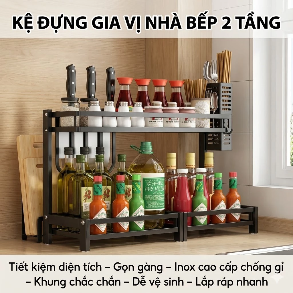 Kệ Đựng Gia Vị 2 Tầng Thiết Kế Thông Minh – Khung Inox Chắc Chắn, Gọn Nhẹ Tiện Lợi, Giúp Sắp Xếp Gia Vị Ngăn Nắp, Nâng T