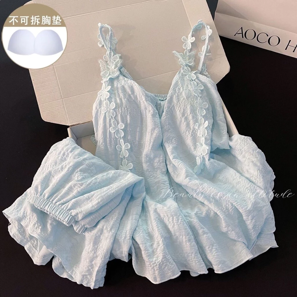 Bộ ngủ 2 dây có mút ngực chất liệu đũi thoáng mát #7288