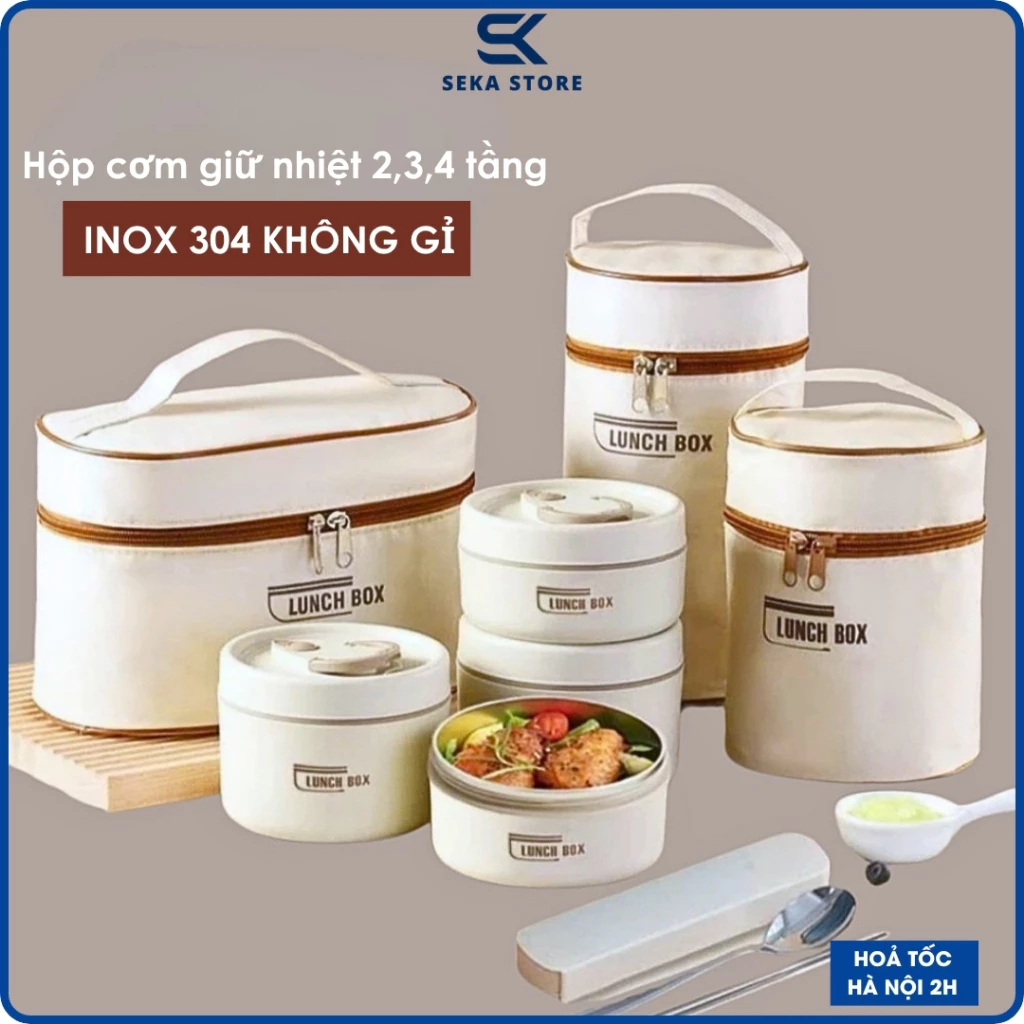 Hộp Đựng Cơm Giữ Nhiệt Kèm Túi, Hộp Cơm Văn Phòng Cách Nhiệt 3 Tầng Không Gỉ