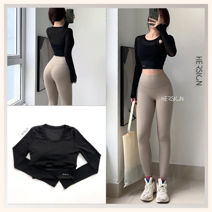 HERSIGN Set đồ tập yoga nữ Đồ tập gym nữ Áo dài tay quần legging SMIXC30L20A BST HERSIGN EASE