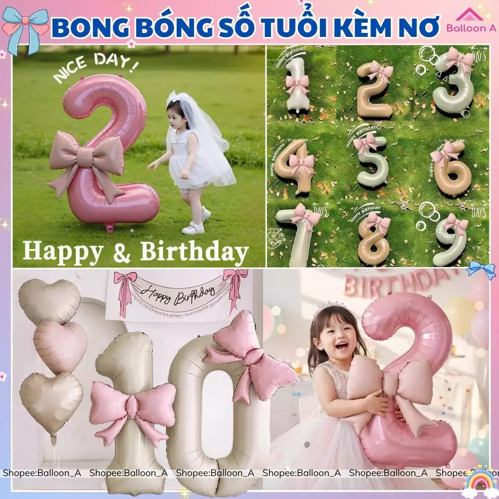 Bong Bóng Số Tuổi Màu Hồng Pastel Kèm Nơ Mini Dễ Thương Trang Trí Sinh Nhật Cho Bé