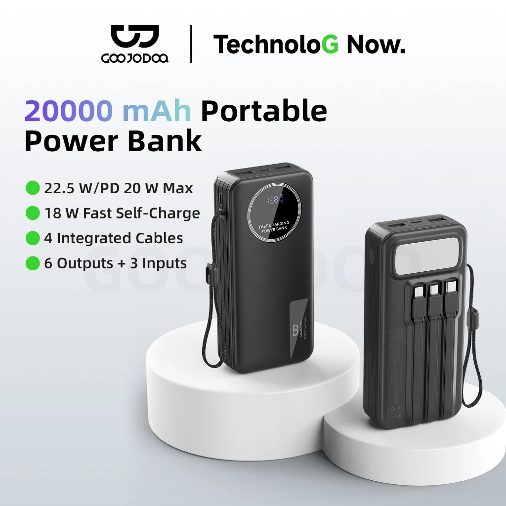 Sạc Dự Phòng 20000mAh GOOJODOQ 9 Cổng PD20W, 22.5W, Dây Cáp Tích Hợp, Màn Hình Số, Đèn Pin