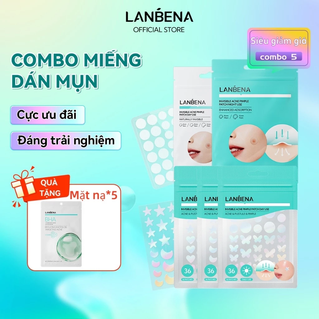 LANBENA COMBO  Miếng Dán Mụn Vô Hình Ngày+Đêm Giảm Mụn, Hút Nhân Mụn, Lành Mụn, Xẹp Mụn Nhanh Chóng Hiệu Quả Skincare