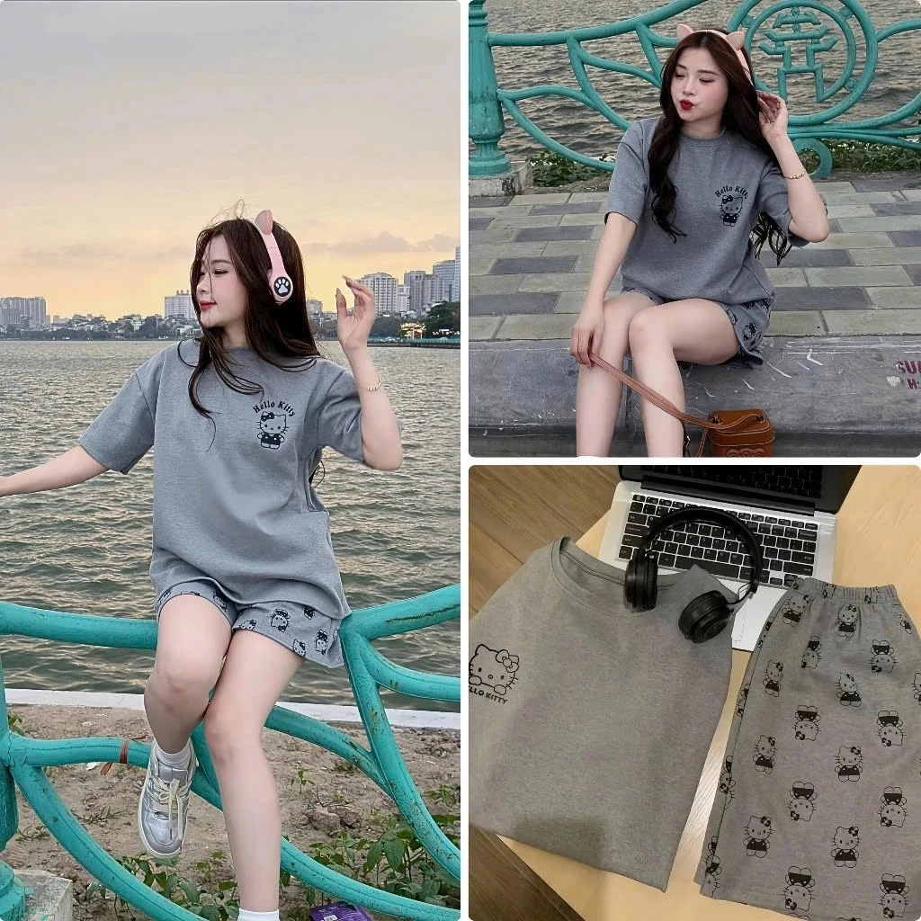 Set đùi nữ hình in Hello Kitty dễ thương, áo phông Tino logo mèo kèm quần short đùi phối hình in dễ thương chất cotton