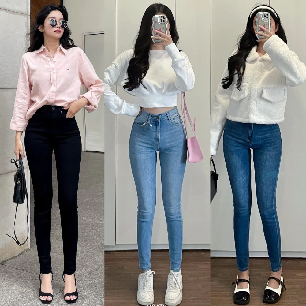 Quần Jean Skinny Nữ Dáng Ôm MIAA Lưng Siêu Cao Trơn Basic  , quần bò ống bó co giãn form dài phong cách trẻ trung