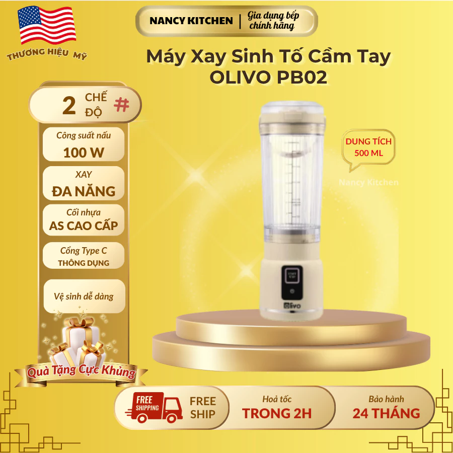 [Chính hãng]Máy Xay Sinh Tố Cầm Tay OLIVO PB02 – Sử Dụng Không Dây,Sạc TypeC – 500ML- Công suất 100W