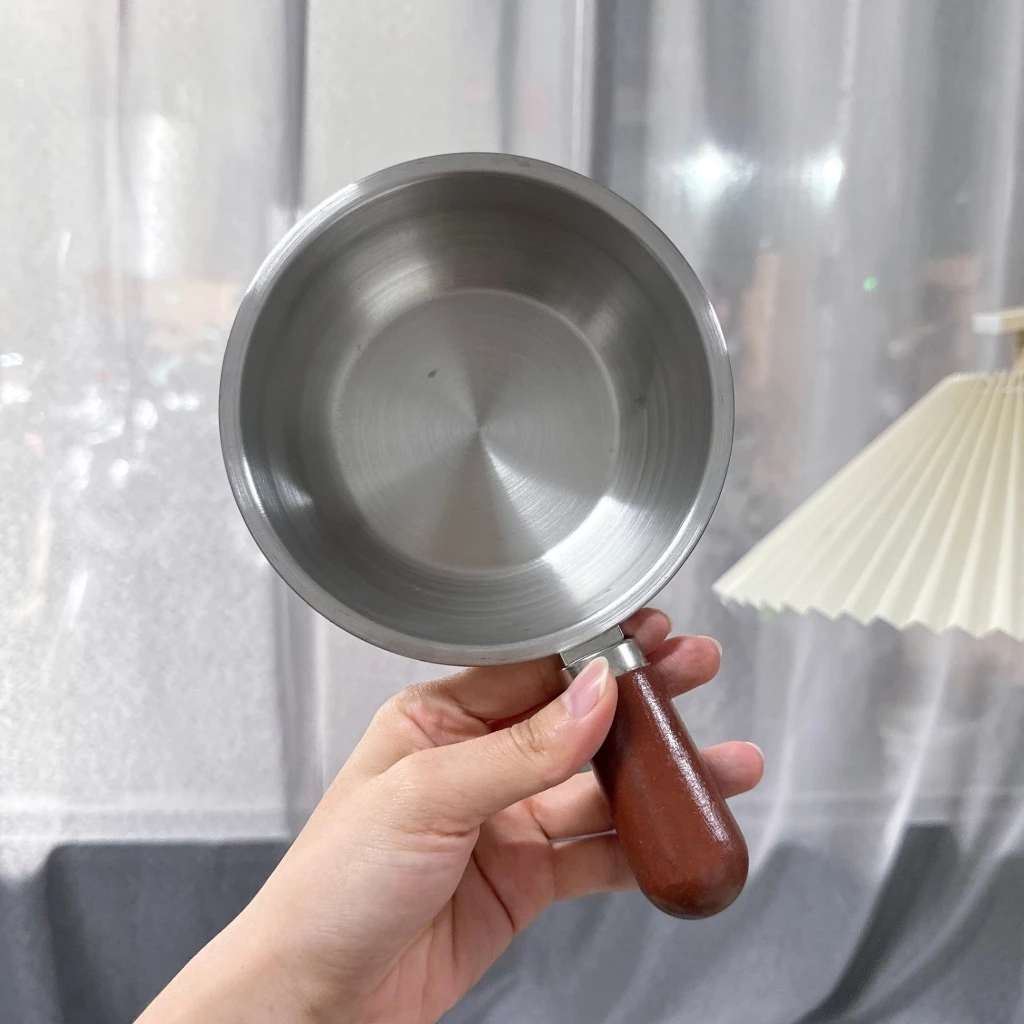 Chảo inox mini size 14cm. Nồi ăn dặm cho bé tay cầm gỗ, quánh nấu cháo. Nồi mini