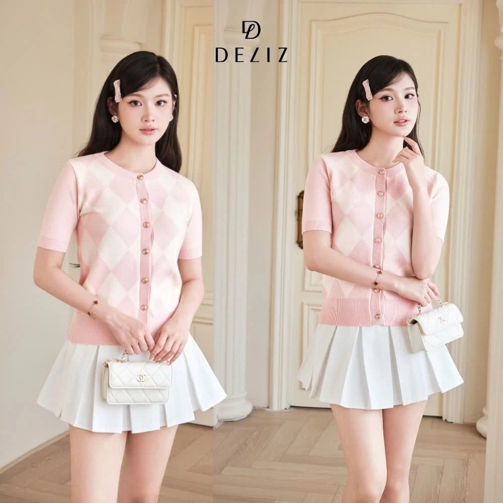DELIZ - Áo len nữ ngắn tay dệt họa tiết kẻ ô trám phong cách Hàn Quốc hot trend ALC605 DELIZ