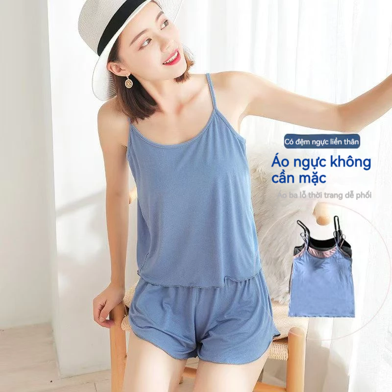 Bộ Đồ Ngủ 2 Mảnh Dây Rút & Quần - Thiết Kế Váy Giả Hàn Quốc, Mặc Nhà Thoải Mái Mùa Hè