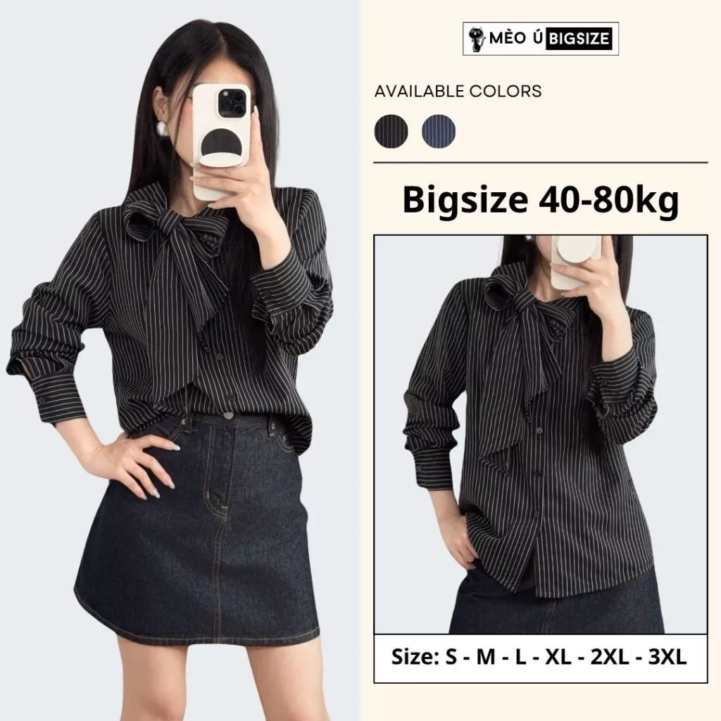 Áo sơ mi nữ BIGSIZE Mèo Ú áo thiết kế cổ nơ dài tay kẻ sọc sang trọng thanh lịch phong cách Hàn Quốc 3015