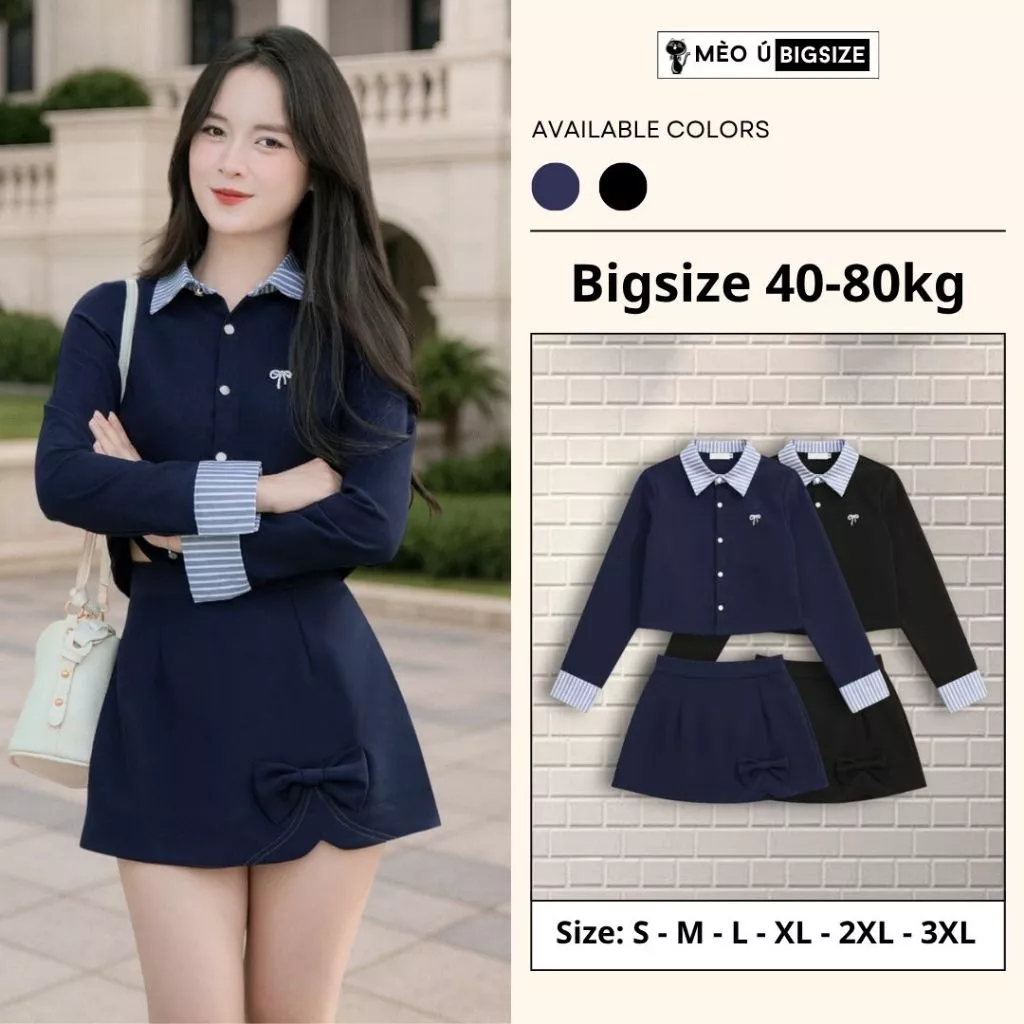 Set đồ nữ BIGSIZE Mèo Ú set áo sơ mi phối cổ kẻ sọc xanh dài tay mix chân váy chữ A đính nơ dáng xoè Hàn Quốc 1900