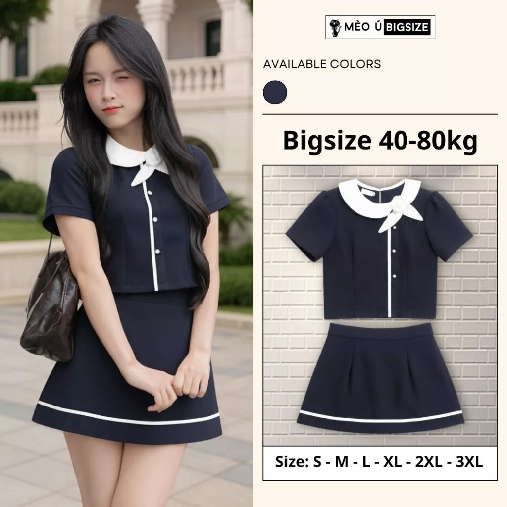 Set đồ nữ BIGSIZE Mèo Ú áo thiết kế cổ sen phối hoa dáng croptop cộc tay kèm chân váy chữ A dáng xòe tiểu thư 1000