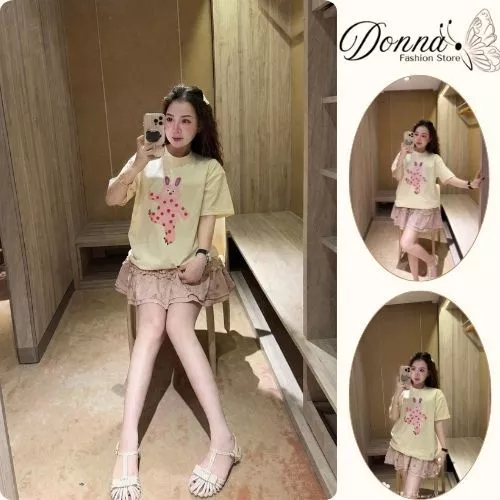 Set đồ nữ Donna HCOM25057, áo thun cộc tay nữ phối chân váy hồng xòe xếp ly