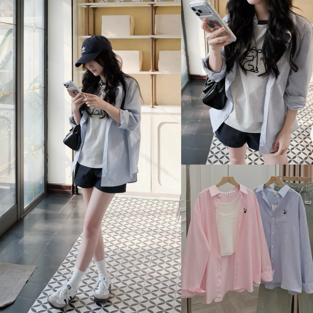 [S3082] Áo sơ mi kẻ thêu hình form suông rộng , áo sơ mi oversize form khoác nam nữ Hàn Quốc, Kẻ sọc Women Nữ Top Shirt