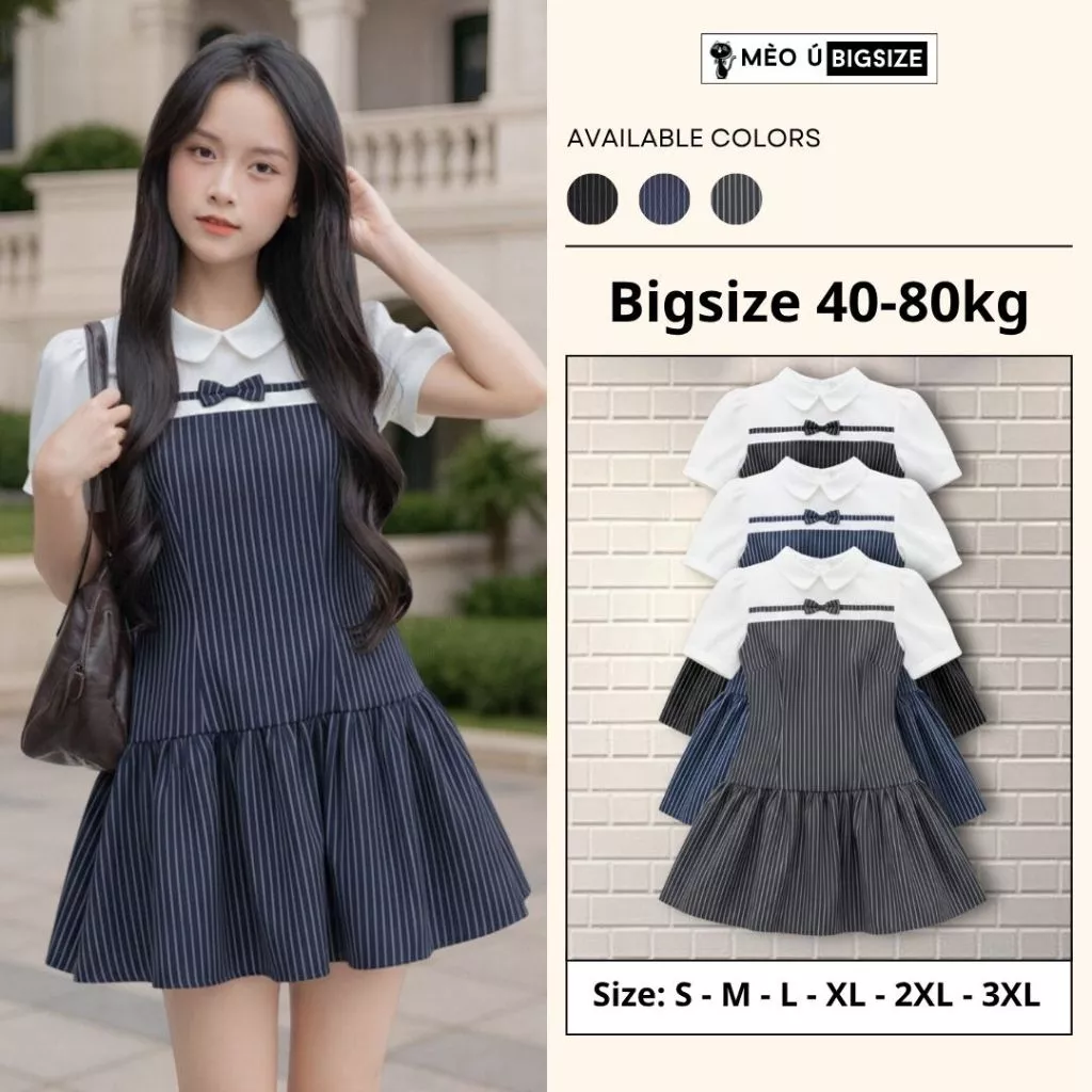 Đầm nữ BIGSIZE Mèo Ú váy thiết kế cổ sen trắng đính nơ cộc tay phối kẻ sọc dọc dáng xoè phong cách Hàn Quốc 592