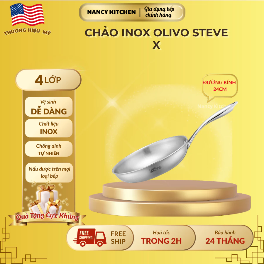[Chính hãng]CHẢO INOX OLIVO STEVE X–Chống Dính Tự Nhiên,Đáy 4 Lớp,24cm – Nấu Được Trên Mọi Loại Bếp