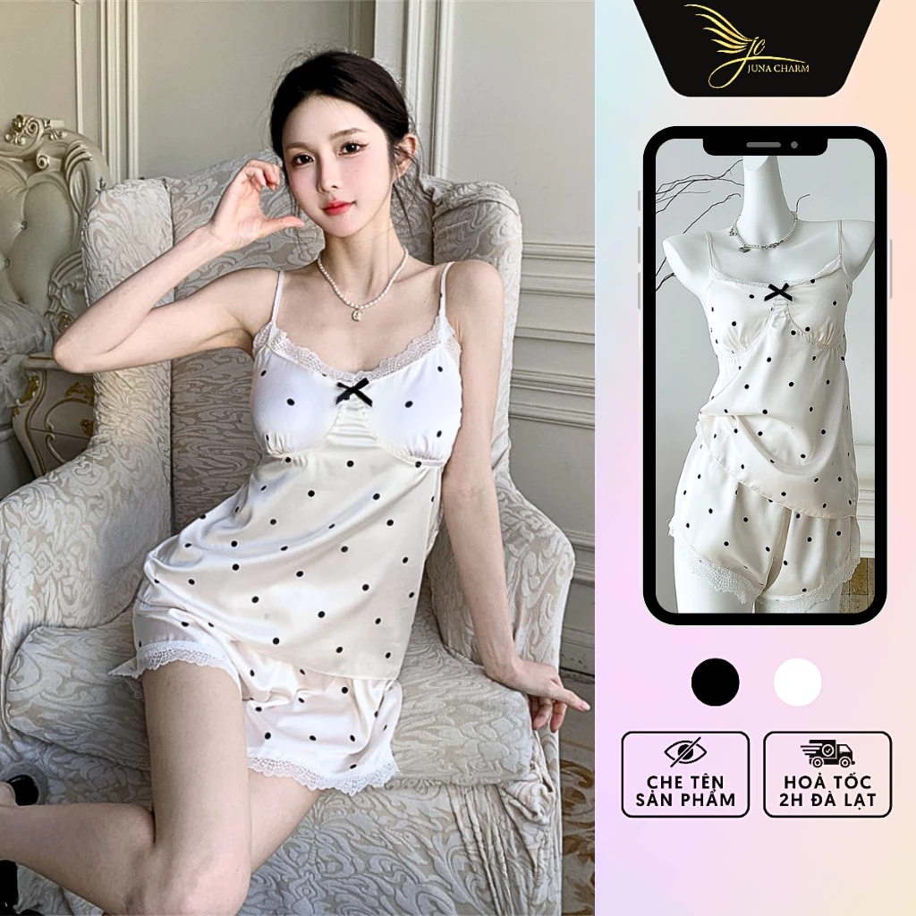 Bộ Ngủ 2 Dây Quần Đùi, Đồ Mặc Nhà Chấm Bi JUNA Freesize Thời Trang Đồ Ngủ Dành Cho Nữ, Chất Lụa Phối, Trắng Kem/SP6418