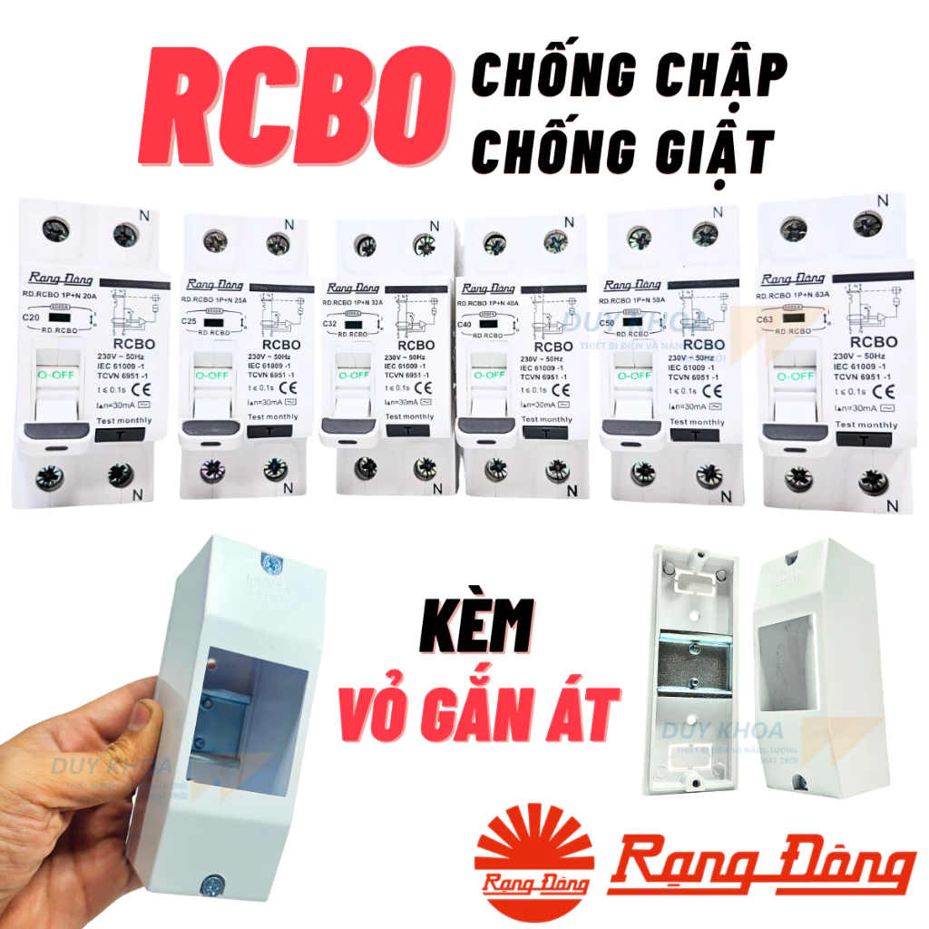 Aptomat RCBO chống giật và Bảo vệ chống quá tải chống chập điện Rạng Đông 20A 25A 32A 40A 50A 63A