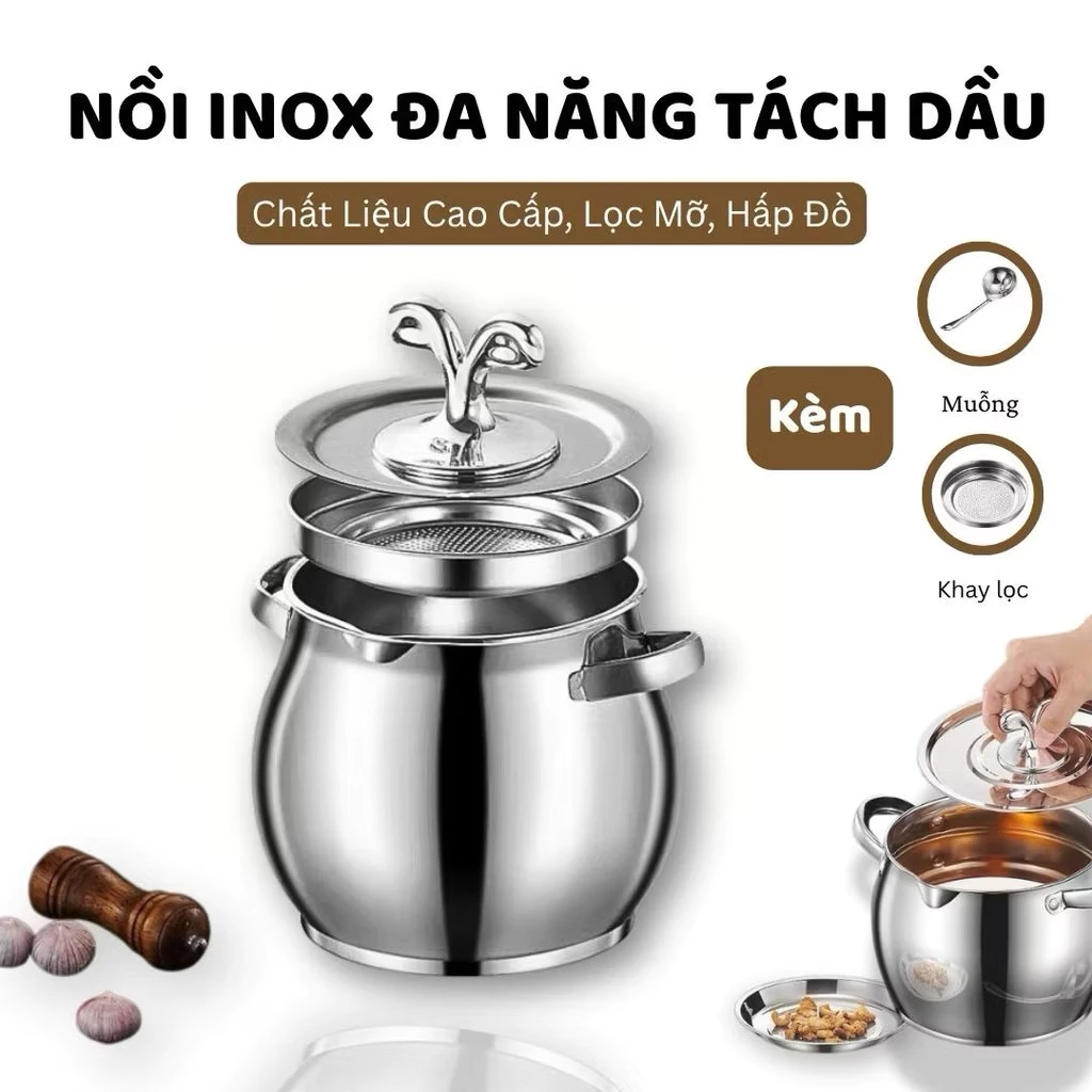 Âu Đựng Mỡ 1,3,4 Lít Inox Bền Đẹp Hũ Đựng Dầu Ăn & Niễng Đựng Gia Vị Kèm Khay Lọc Cặn Nắp Đậy Thìa