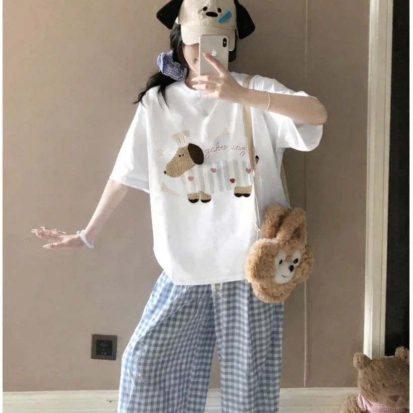Set bộ nữ quần dài caro, Áo ngắn tay in hình , đồ bộ nữ mặc nhà,đi chơi dạo chất thun cotton, quần caro dài mềm mát 126