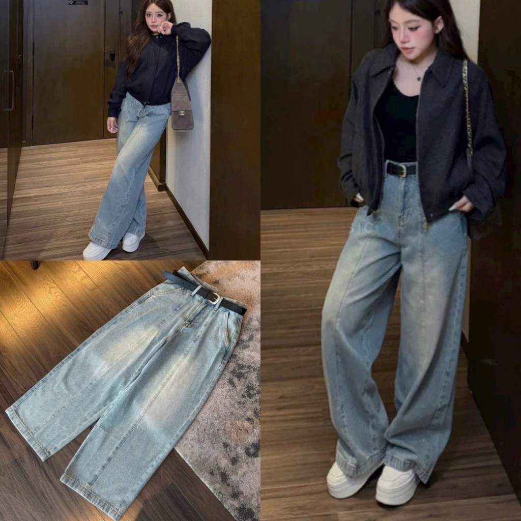 Quần jeans suông túi nắp mài đùi gân sọc giữa gấu 3cm lưng cao chất bò quảng châu