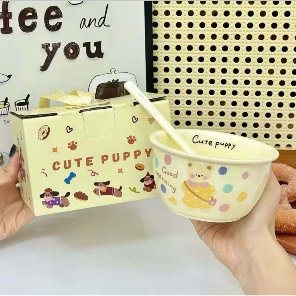 Chén sứ kèm thìa hình gấu dễ thương- Bát sứ kèm hộp quà