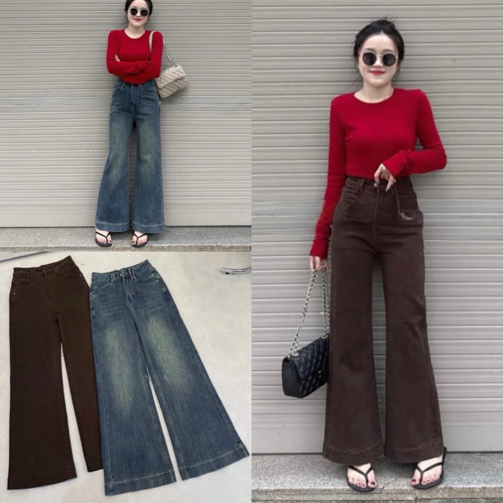 Quần jeans nữ ống loe rộng gấu to màu mới lạ mắt cạp cao phong cách Hàn Quốc