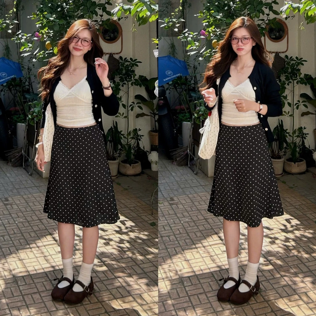 (ẢNH OLDSCHOOL) Chân váy lụa chấm bi dáng lửng mùa hè Thái Len cạp trễ DOTTIE SKIRT.