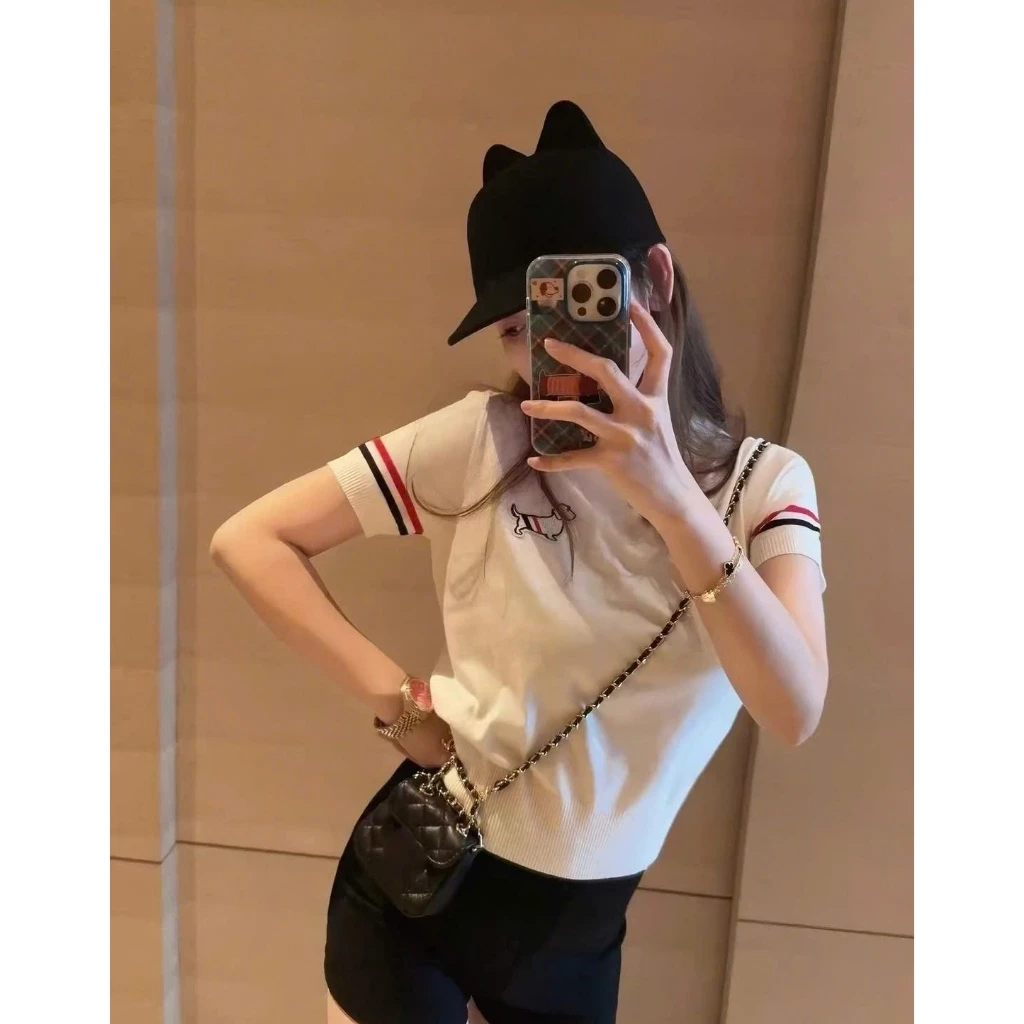 Áo thun babytee form ôm tay viền sọc thêu hình cún xinh xắn, dễ thương mặc basic đi học, đi chơi